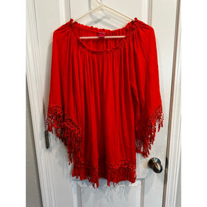 Sunny Lei Red Off-Shoulder Tunic Top with Fringe Trim M